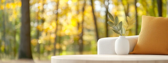 Poster -  A tight shot of a vase containing a plant on a table, framed by the backdrop of trees