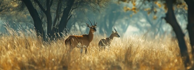 Canvas Print - A lone antelope in tall grass with trees in the background