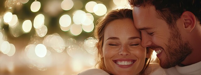 Wall Mural -  A man and a woman smile, holding each other in front of a lit Christmas tree