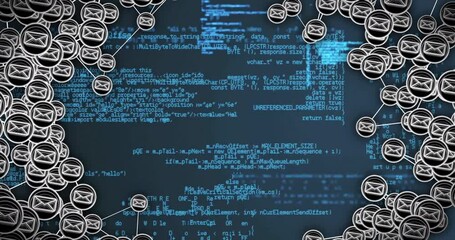 Poster - Computer code and network connections, data processing animation over blue background
