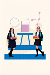 Canvas Print - Collage image retro sketch of two girls chemistry lesson school day shopping kids education concept magazine billboard comics zine minimal