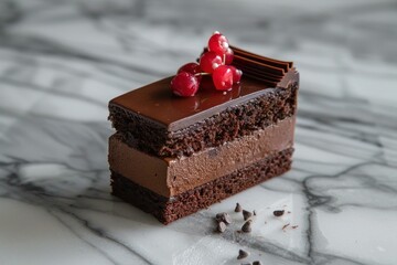 Wall Mural - Delicious slice of chocolate cake with chocolate cream filling, topped with chocolate ganache and red currants