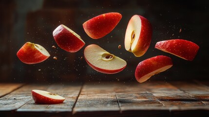 Wall Mural - Fresh Red Apples Sliced and Floating in Mid-Air Against a Rustic Wooden Background