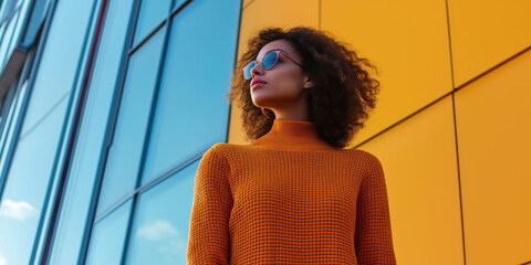 Confident woman in sunglasses against modern colorful architecture background