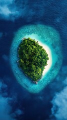 Aerial view of a lush green island surrounded by turquoise waters, showcasing untouched nature and serene beauty.