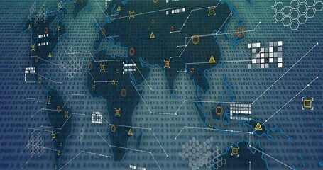 Poster - Binary code and network connections animation over world map