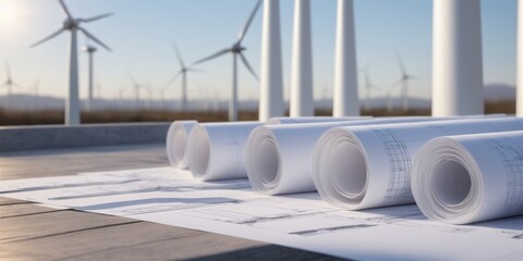 Wall Mural - White architectural rolls organized on table with spinning wind