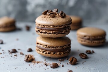 Wall Mural - Chocolate macarons standing on gray background with coffee beans