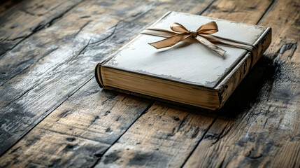 A wooden table holds a book with a ribbon tied around it. There's room for you to write something on the table.