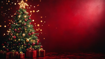 red canvas background with bokeh lights and xmas tree