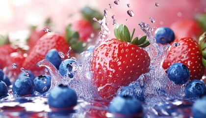 Poster - A Single Strawberry and Blueberries Splashing in Water