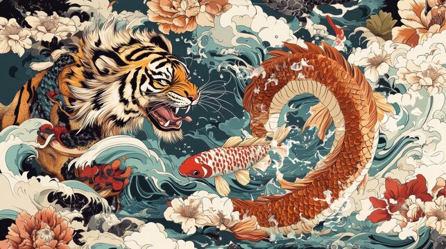 Background with tigers, cranes, and koi fish, and an ample amount of text space.