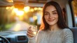 © Maxim Borbut - Theme of travel, adventure, and joyous experiences depicted through the eyes of a smiling young woman holding glass in a cozy van with warm lighting and a cozy atmosphere.