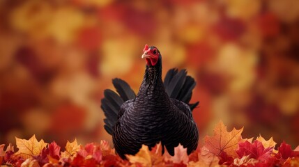 Black Turkey Hen in Autumn Leaves