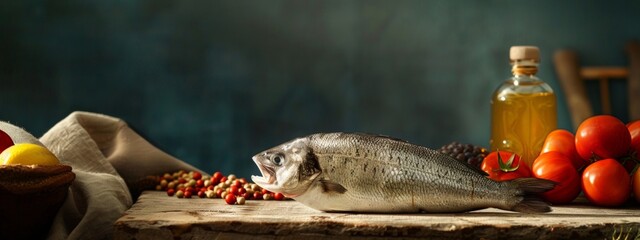 Fresh fish with vegetables and oil on rustic wooden table