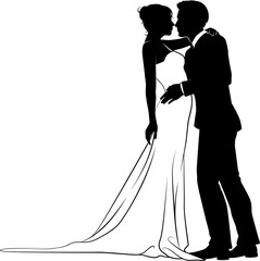 Bride and groom couple silhouettes. Woman in a bridal wedding dress