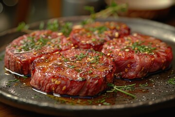 Wall Mural - Tender cuts of beef sizzling on a hot plate with herbs and spices, prepared for a gourmet meal in a cozy kitchen setting