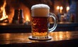 © Sanan - Mug of beer on a wooden table in a pub or bar. ai generative