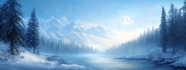 Wall Mural -  A painting of a snow-covered landscape with a river running through the foreground and a full moon rising high in the sky