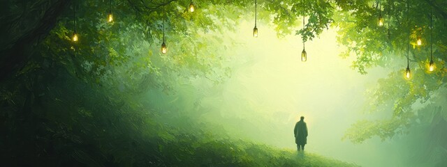  A painting of a solitary figure standing amidst a forest, beneath a light bulb suspended from above