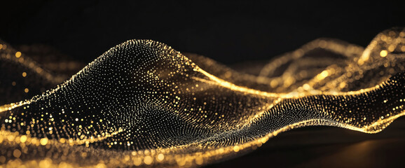 Poster - Golden particles are forming an abstract wavy shape on a black background. High quality photo