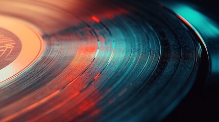 Close-up of the surface of an analog vinyl record, creating a music-themed background.