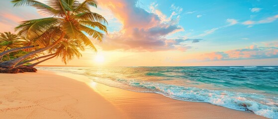 Wall Mural - A beautiful beach with palm trees and a sunset in the background