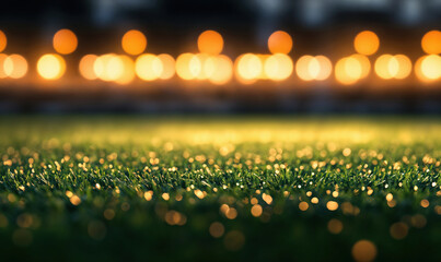 Poster - Green grass under string lights at night with bokeh effect background. High quality photo
