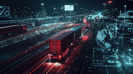 Wall Mural - Futuristic Night Cityscape with Busy Highway and Container Trucks