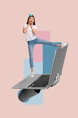 Fototapete - Vertical collage picture young amazed girl stand laptop digital device gadget remote work job hand hold astonished emotional reaction