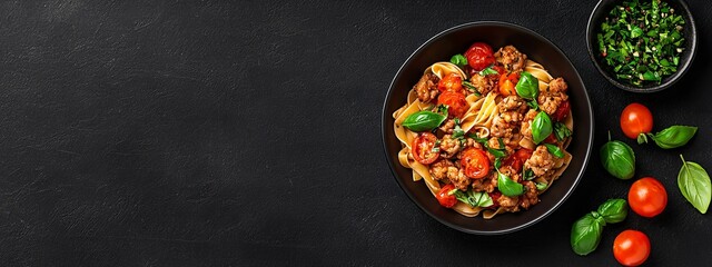 Canvas Print -  A bowl of pasta with meat, tomatoes, and basil on a black surface Nearby, two separate bowls hold tomatoes and basil