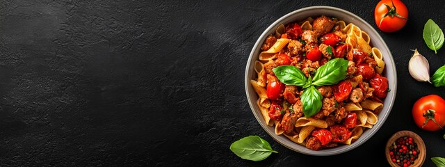 Wall Mural -  A bowl of pasta with meat, tomatoes, and basil against a black backdrop A separate wooden bowl holds tomatoes and basil to the side