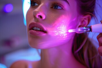 Young woman receiving a skin treatment using a light therapy device in a beauty salon during a relaxing evening session