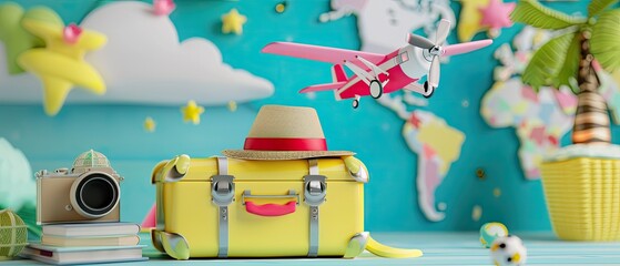 Wall Mural - A yellow suitcase with a red strap sits on a table next to a camera and a hat