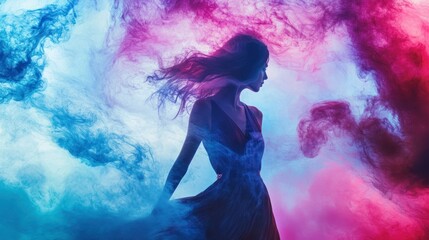 Canvas Print - Woman in Black Dress with Blue and Pink Smoke