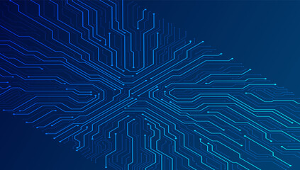 Poster - Isometric circuit background in blue. Technology circuit board background. Ai chip, electronics elements, and connected dots. Data tech bg. Abstract vector illustration.