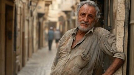 An elderly man in traditional Middle Eastern clothing stands on a historic street with a somber gaze. Concepts of heritage, history, and culture are reflected in his expression.