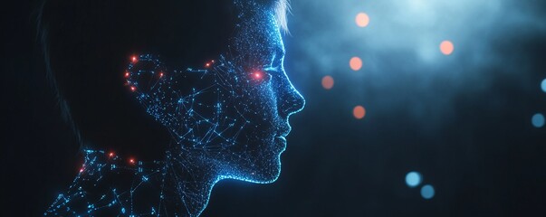 Futuristic plexus structure is giving rise to a digital human face formed by connecting lines and dots