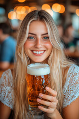 Wall Mural - Cheerful blonde woman in festive attire holding a beer mug at an Oktoberfest event, enjoying the vibrant outdoor pub atmosphere.