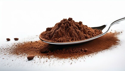 Pile cocoa powder in metal spoon isolated on white background