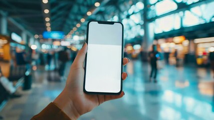 Pov Close-Up of Hand Holding Smartphone with Blank Screen at Busy Airport Terminal