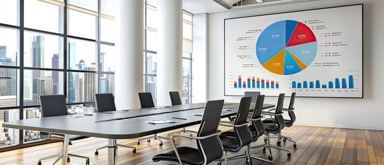 Wall Mural - A large pie chart is displayed on a wall in a conference room