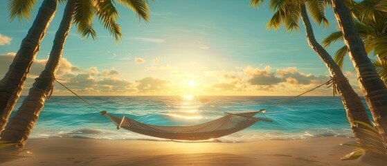 A beach scene with a hammock hanging between two palm trees