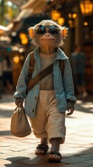 Wall Mural - A monkey wearing sunglasses, a blue shirt, a backpack and carrying a bag walks down a cobblestone street.