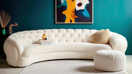 Art Deco Living Room: Chic white curved tufted sofa and pouf against a teal wall with a vibrant art poster, reflecting a sophisticated Art Deco style in modern living room decor.