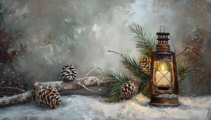 Wall Mural - A candle is lit in a lantern on a snowy background