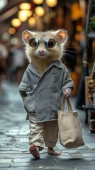 Wall Mural - A cute hamster wearing sunglasses and carrying a bag walks down a street.