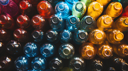 Full frame shot of large group of plastic bottles. top view