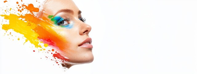 Wall Mural -  A woman's face with a colorful paint splatter on one side against a pristine white backdrop