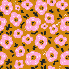 Wall Mural - Seamless floral pattern design. Simple style cute pink flowers. Vector blossom background.